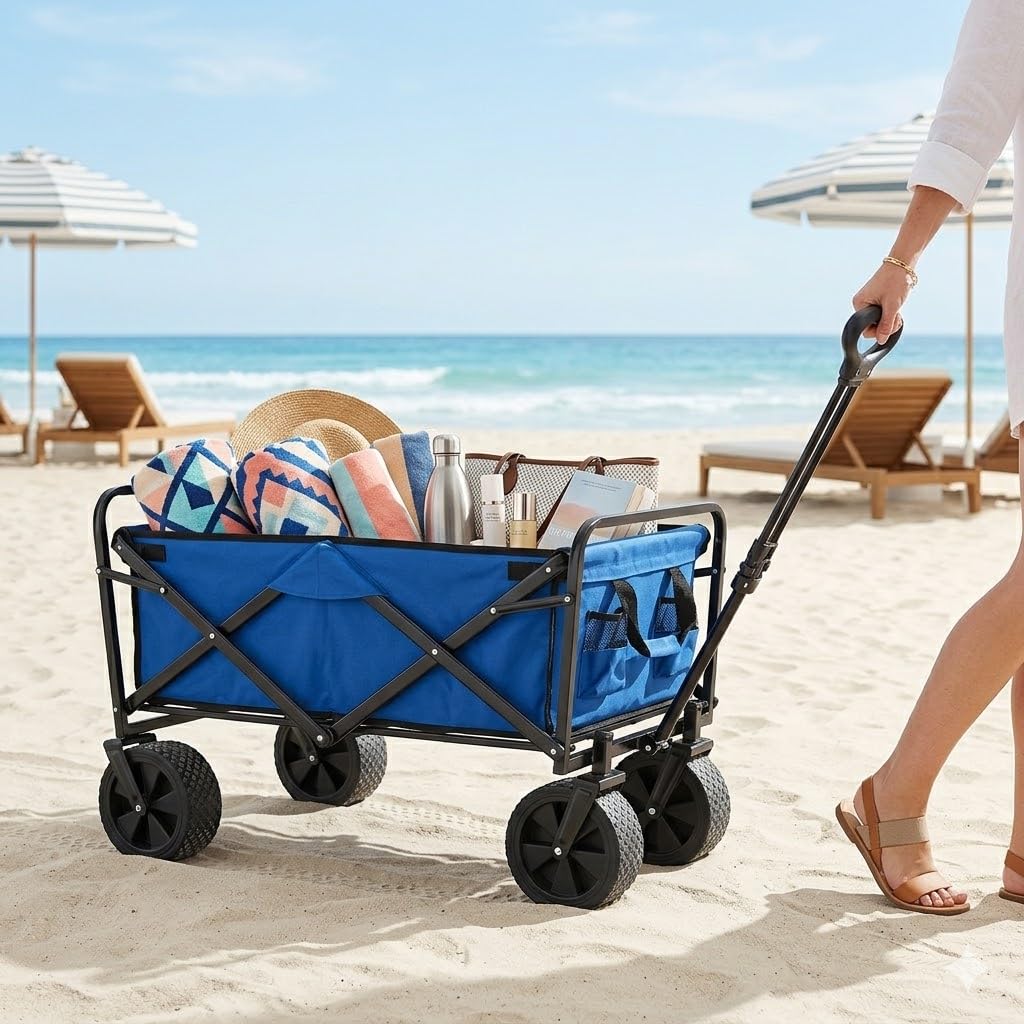 Carrello trasporto cose Pieghevole Multiuso da Giardino e Spiaggia Portata 100kg 4 ruote Struttura richiudibile in Acciaio e Tessuto Oxford blu Tempo Libero carriola vano cm 52x 88