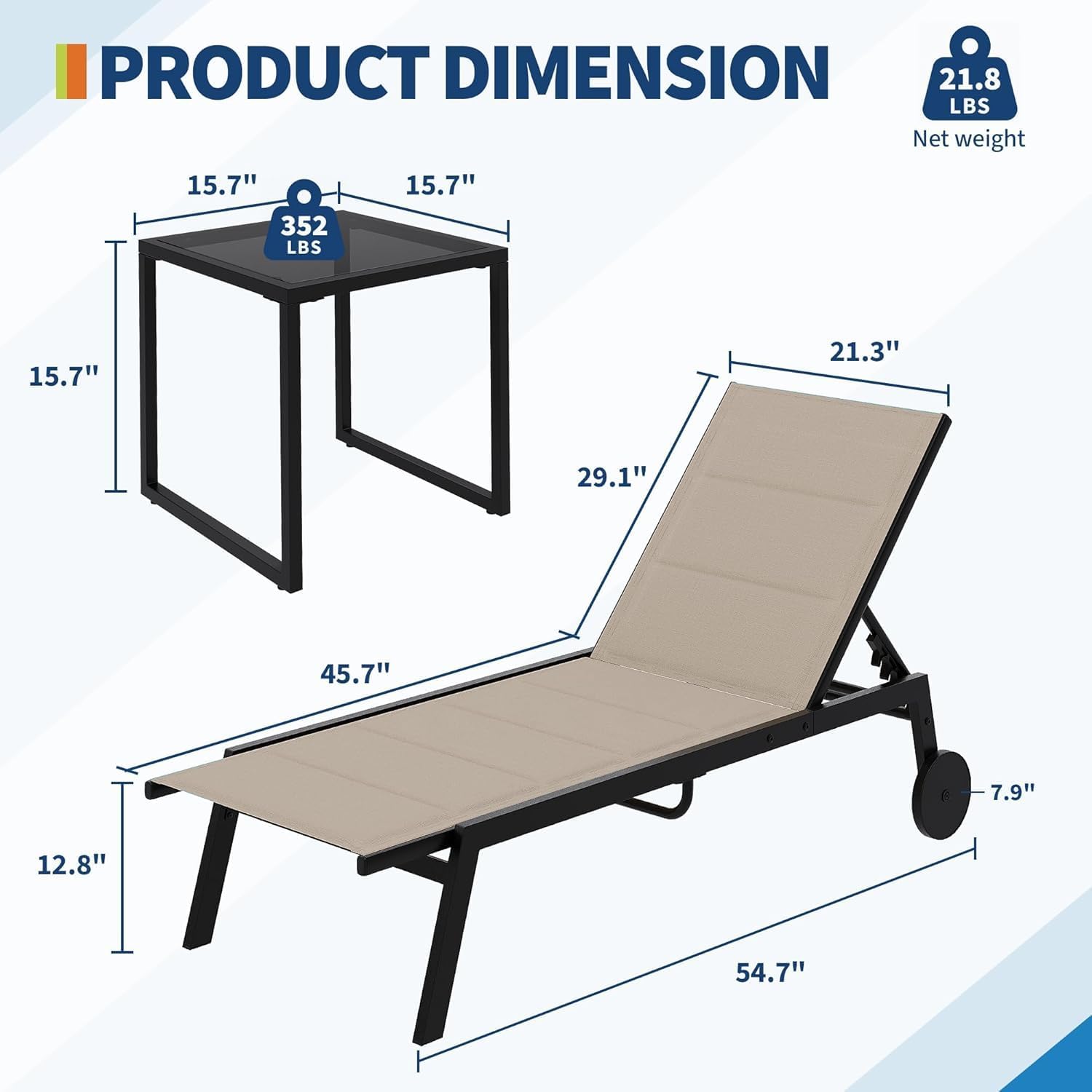 Garvee Lot de 3 chaises Longues de Jardin avec Table d’appoint – Dossier réglable 5 Positions, roulettes Pratiques, Assise textilène rembourrée – pour Piscine, terrasse, Jardin ou Plage – Marron