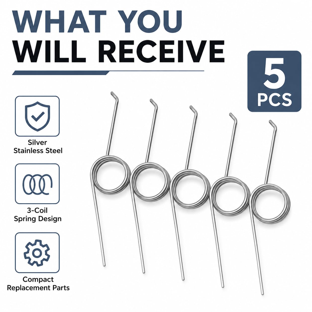 5Pcs Adjustable 3-Coil Torsion Springs, 0.7mm Stainless Steel, 135° Mechanical Springs for Garbage Can, Silver — Amazon image 4