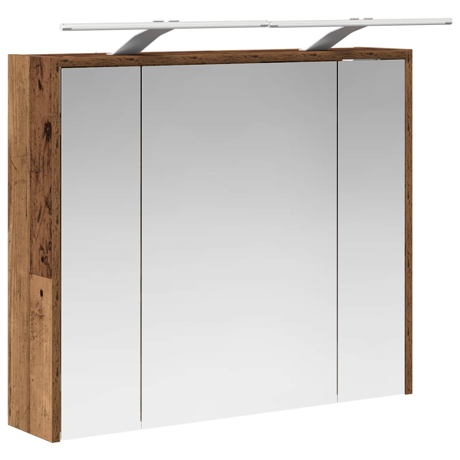 Szafka łazienkowa z lustrem, stare drewno, materiał drewnopochodny, 73,5 x 16 x 62,5 cm, montowana na ścianie, dwustronne lustro, 2 regulowane półki, paski LED do przechowywania
