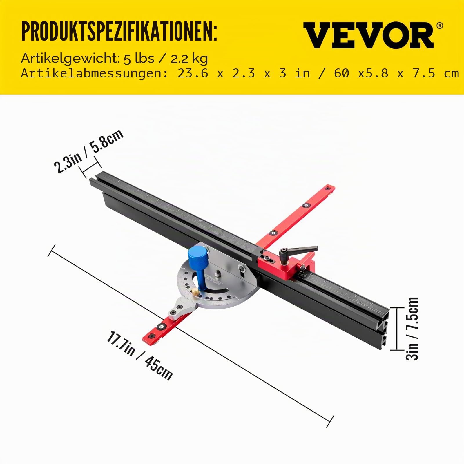 VEVOR Gehrungslehre Tischkreissäge 450mm, Miter Gauge Lasermakierung, Winkel 60° verstellbar, Präzision Ablängen, Winkelanschlag Holzverarbeitung Zubehör, Gehrungsanschlag, Aluminiumlegierung, 2,2 kg
