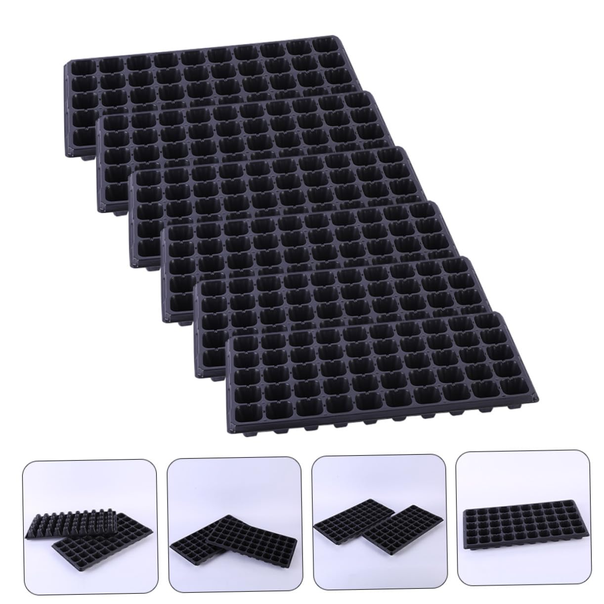 Plateau de Semis à 50 Alvéoles en PVC Noir, Support pour Plateau à Plantes, 6 Pièces, Adapté pour Semis de Légumes et Succulentes en Extérieur