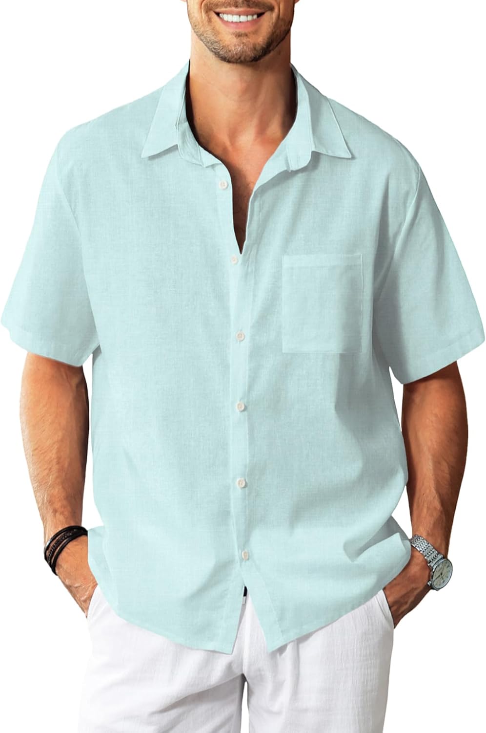 KYKU Linen Shirts for Men: Casual Cotton Mens Short Sleeve Button Down Shirts Beach Wedding Summer Clothes with Pocket