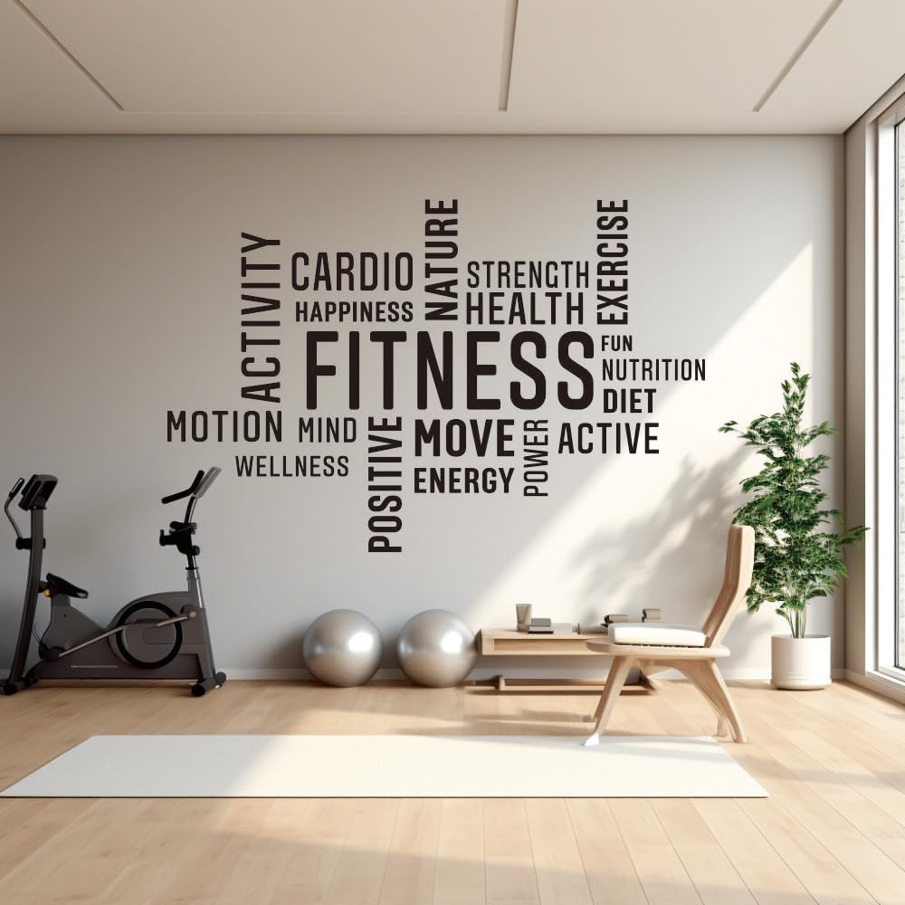 Fitness Word Cloud Wall Decal, Motivational Gym Decor, Health and Wellness Vinyl Wall Art Sticker, Two Size,Black (XL 100X150CM)