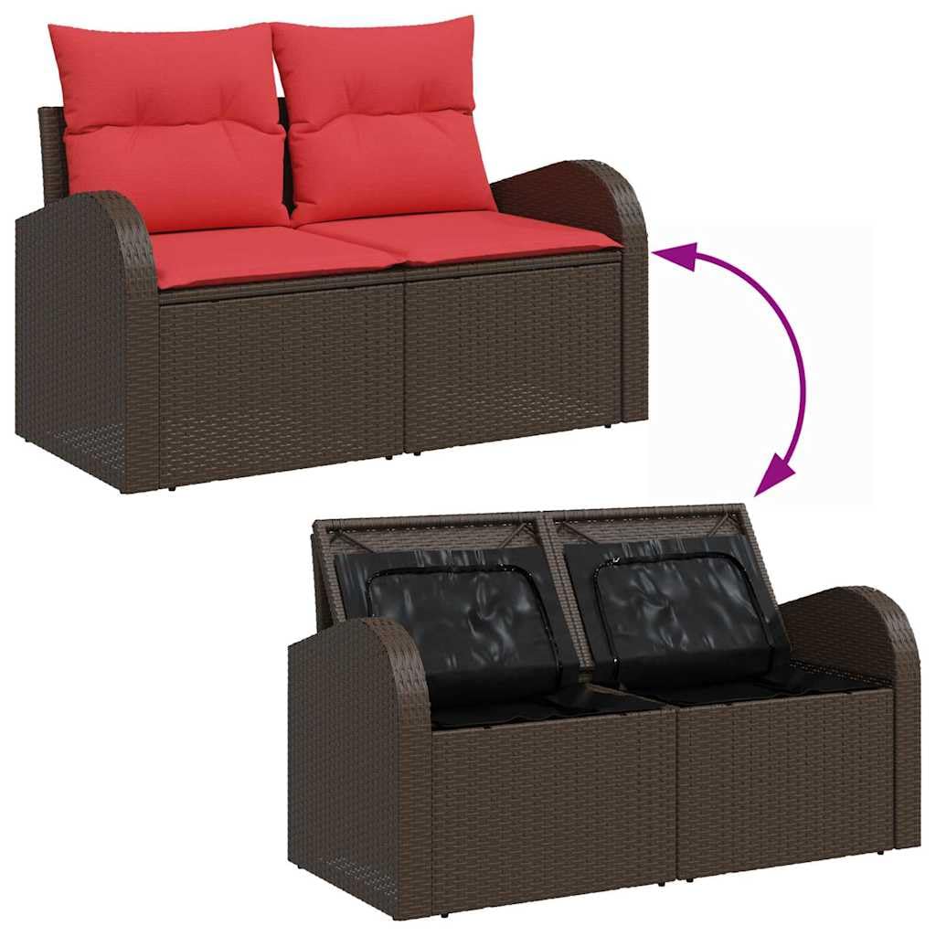 Ensemble de Canapés de Jardin 6 Pièces en Polyrotin Marron et Rouge, Salon de Jardin Modulable avec Coffres de Rangement et Coussins pour Terrasse, Patio et Extérieur
