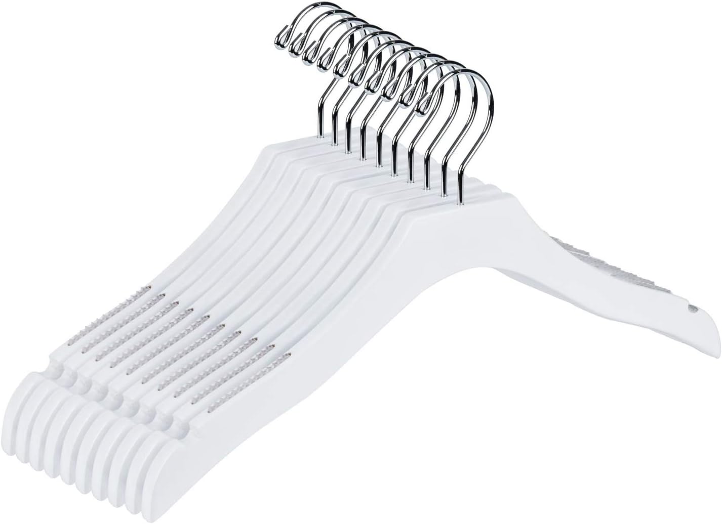 Quality White Wooden Kids Pant Skirt Hanger 10-Pack, Luxury Wave Design Chrome 360 Swivel Hook (10, 13" inch with Clips)