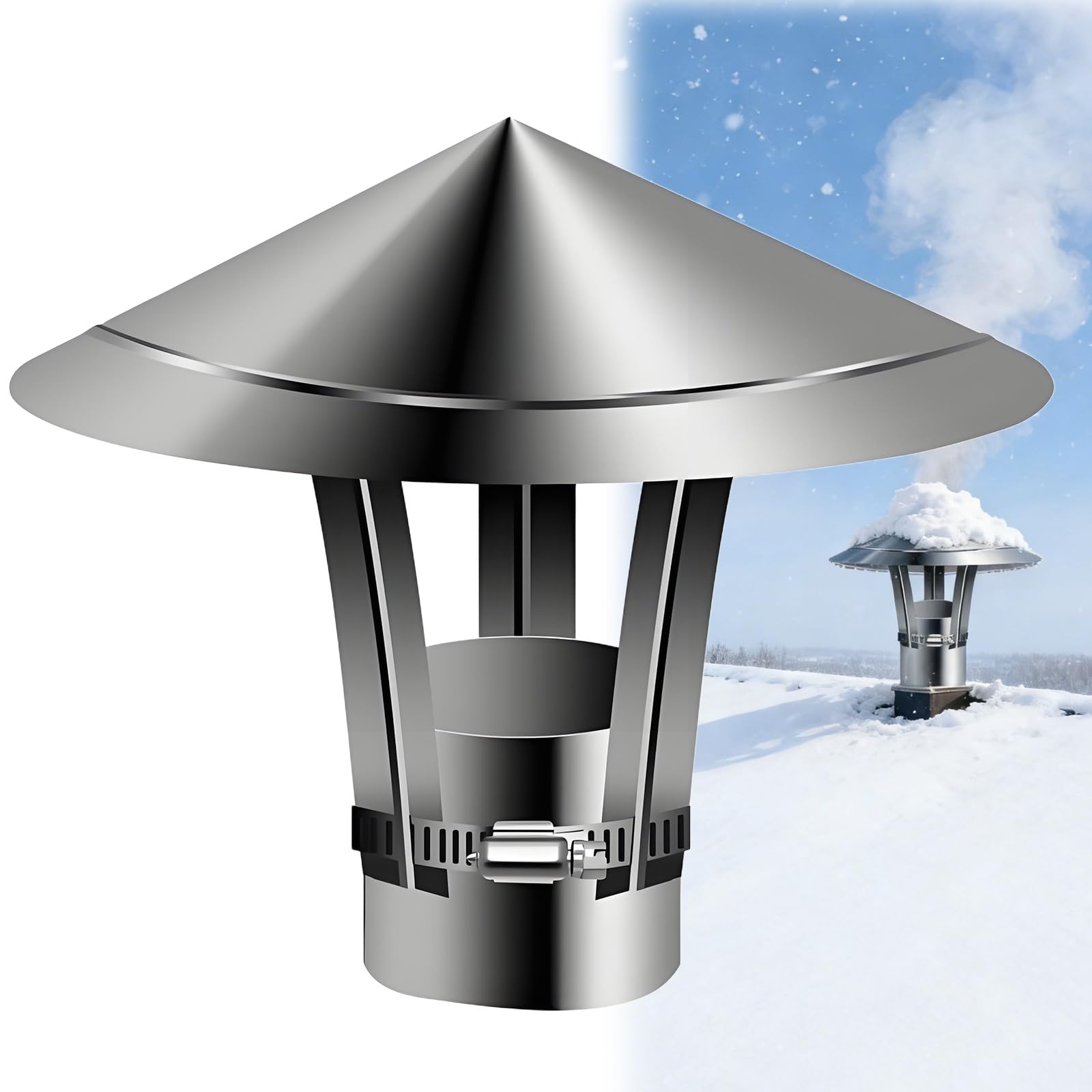 Chimney Cover, Stainless Steel Chimney Cowl, 60mm 70mm 80mm 100mm 150mm 200mm 300mm Round Rain Cap, Roof Flue Pipe Vent Cover, Outdoor Stove Pipe Topper(150mm/5.9in)