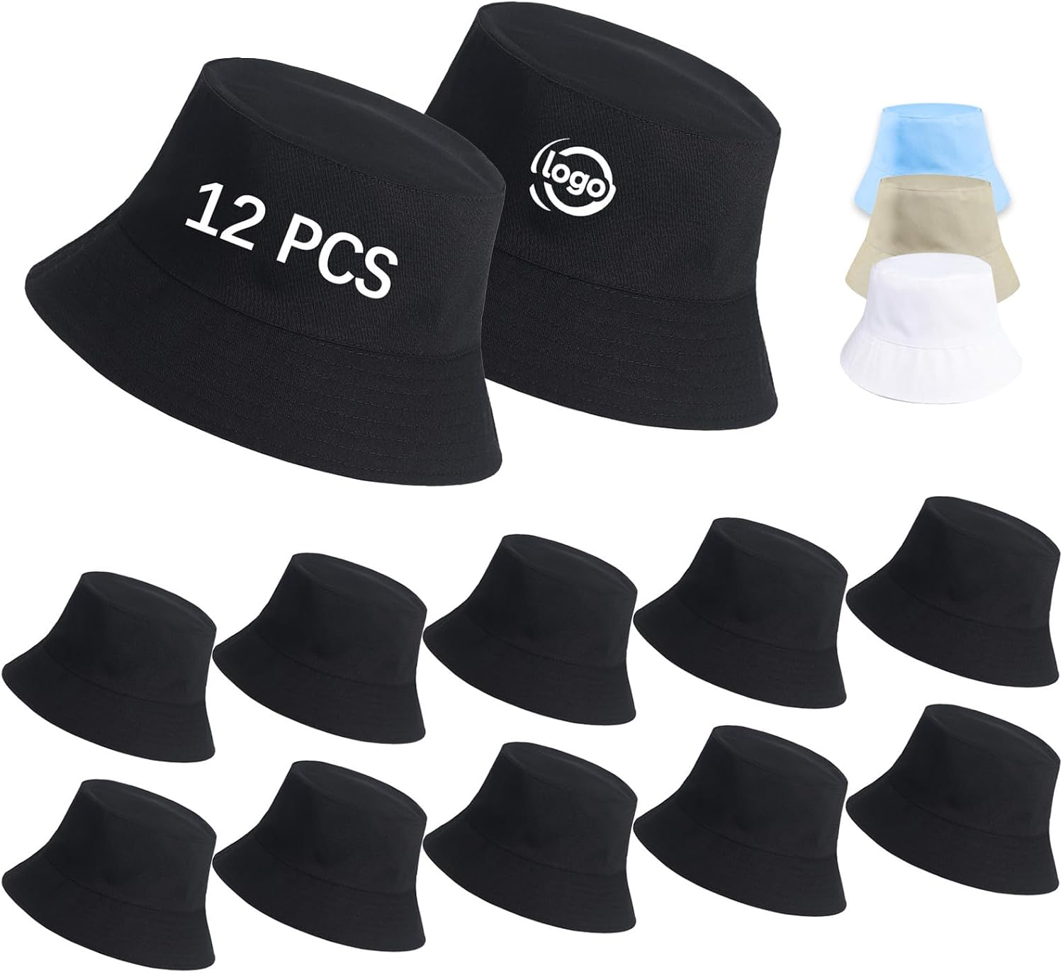 DASSNANE 12pcs Black Sublimation Blank Bucket Hats Bulk - DIY Solid Color Sun Hats for Men Women UPF 50+ UV Protection