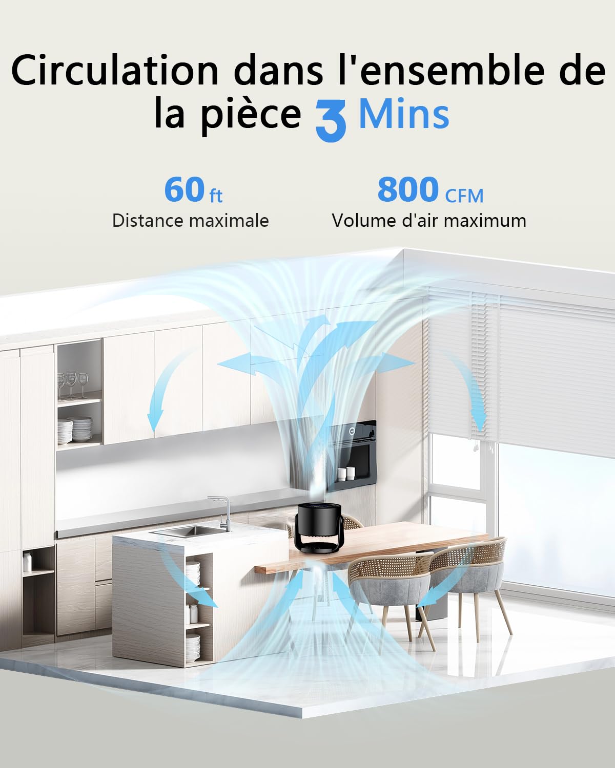 Ventilateur Silencieux Ultra Puissant, Ventilateur de Bureau à 100 Vitesses et tête rotative à 105° Rechargeable USB, Portable pour Bureau, Maison, Chambre, Voiture