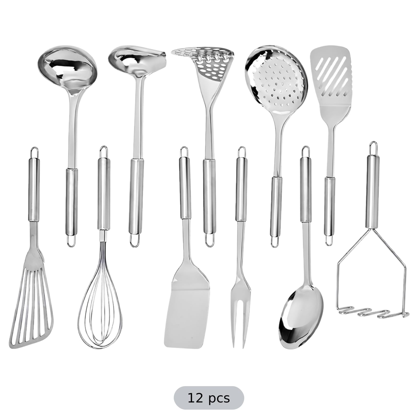 Lot de 11 ustensiles de cuisine en acier inoxydable, accessoires métalliques polyvalents, écumoire, presse-purée double, séparateur de résidus et fouet, pour friture, cuisson et préparation
