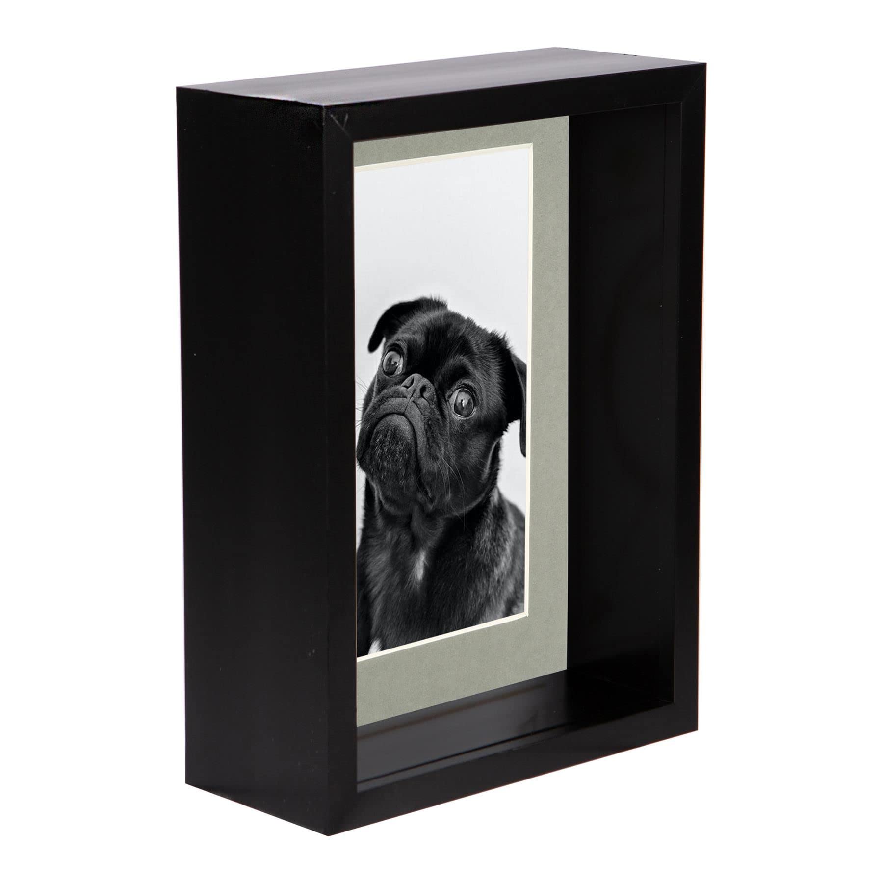 Nicola Spring 1x Black 5 x 7 inch 3D Deep Box Wooden Photo Frame with Grey 4 x 6 inch Mount - Standing Hanging Craft Shadow Memory Picture Display Case for Flowers Crafts Art Medal