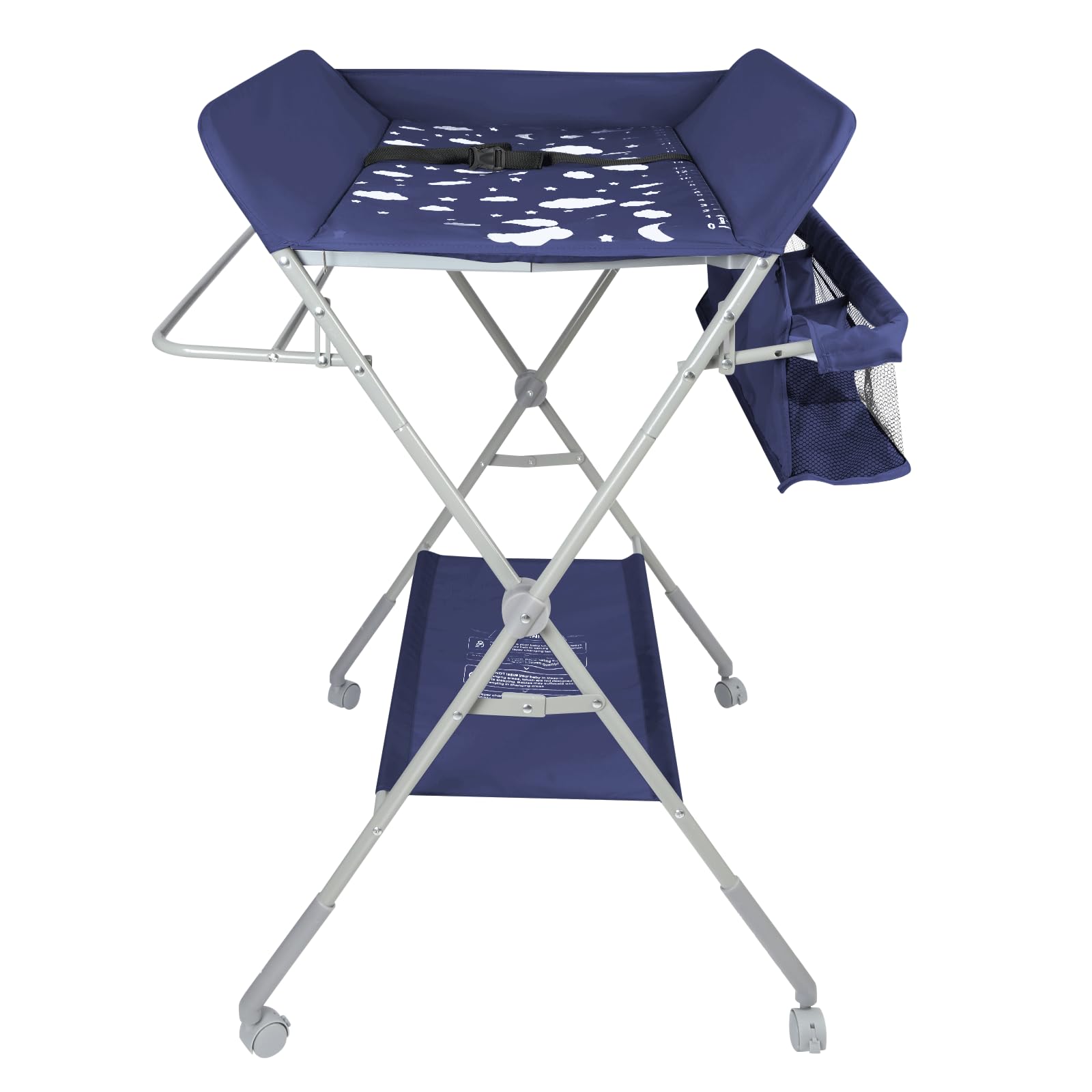 Cambiador plegable, cambiador con cesta de almacenamiento, cinturón de seguridad y 4 ruedas con freno, altura ajustable, cesta de almacenamiento, dispositivo de seguridad, lavadoras, color azul marino