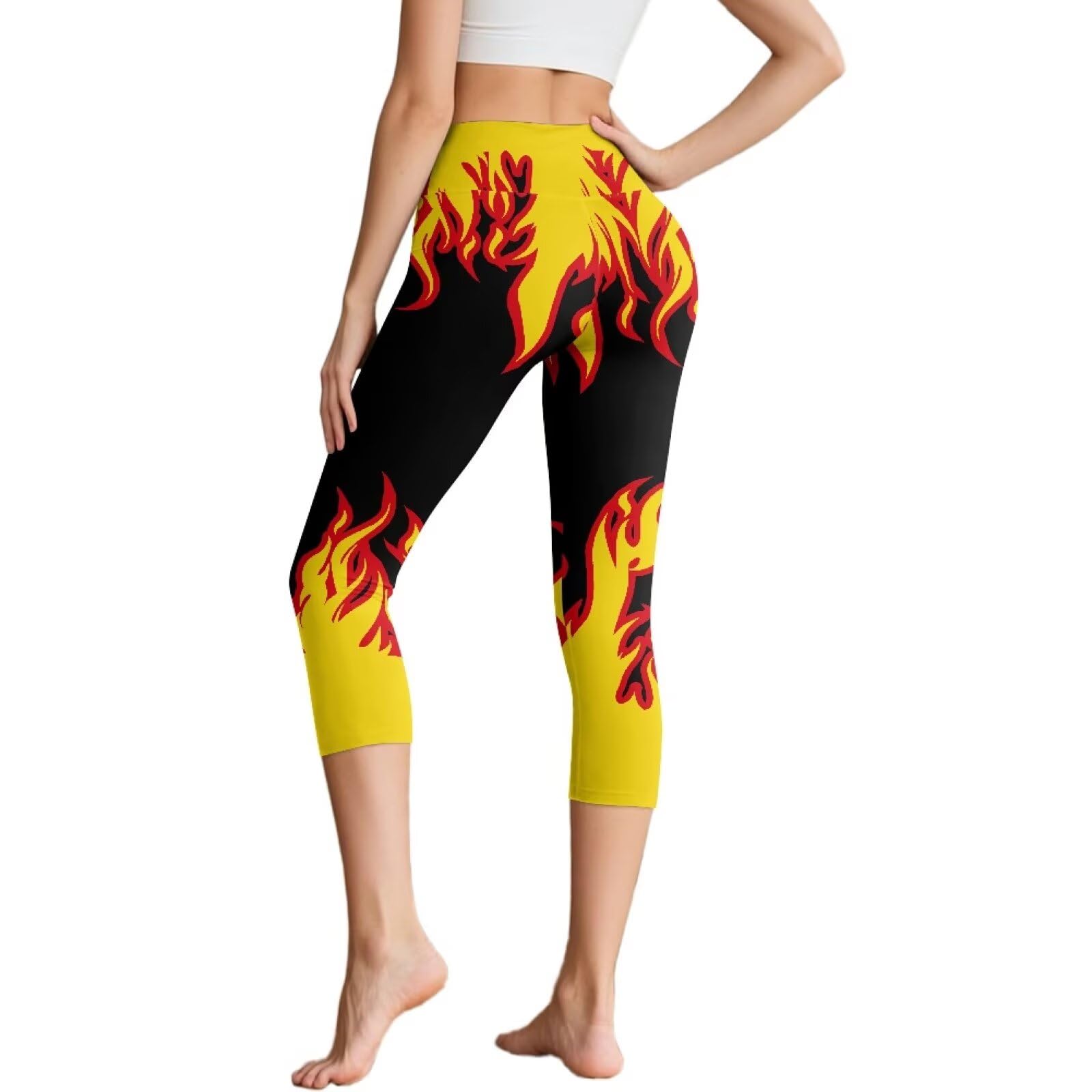 NRBEAWD Capri Leggings for Women High Waisted Capris Tummy Control Yoga Pants Yellow Flame Pants with Pockets Workout Cycling Tights