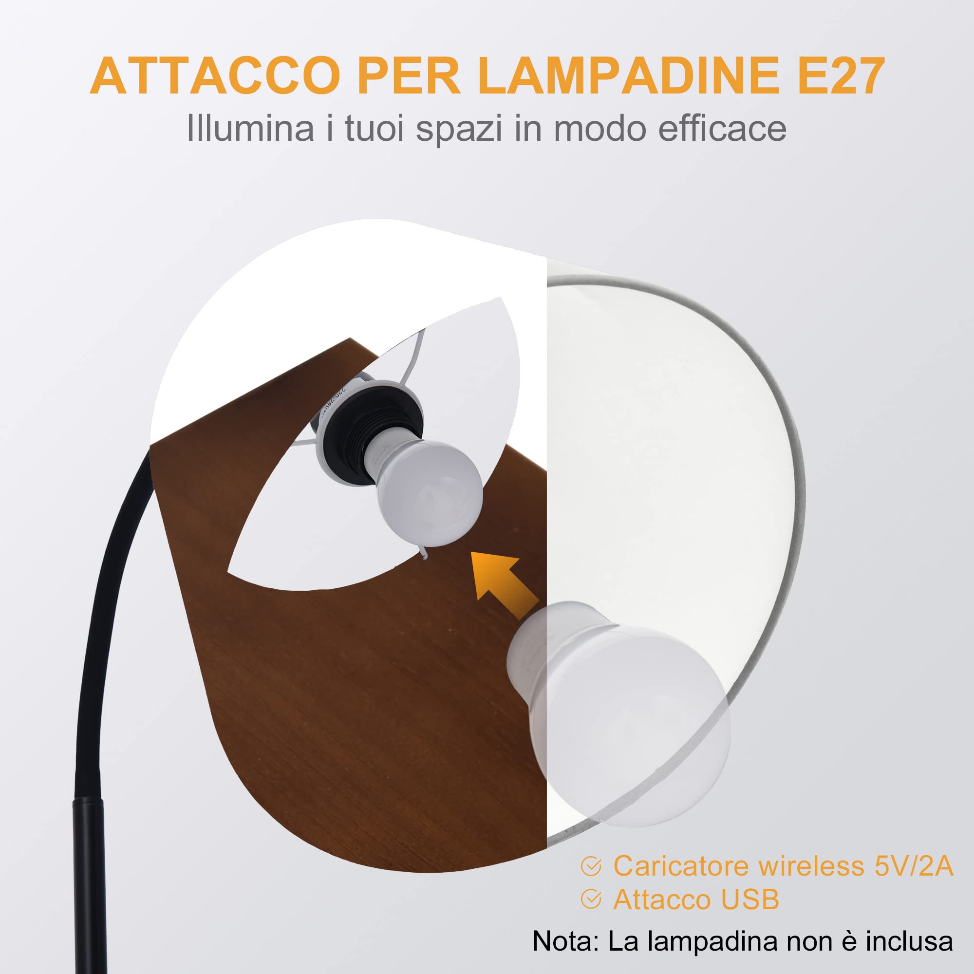 HOMCOM Lampada da Terra Moderna con Caricatore Wireless 36x36x165 cm | Testa Flessibile, per Soggiorno, per Camera da Letto, per Ufficio