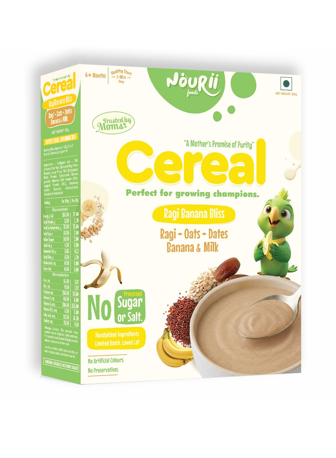 Nourii Baby Cereal Sprouted Ragi, Oats & Jowar Cereal with Banana, Dates, Milk & Jaggery | Wholesome Multigrain Nutrition Baby Food | No Added Sugar, Salt, Preservatives or artificial flavours | 300g