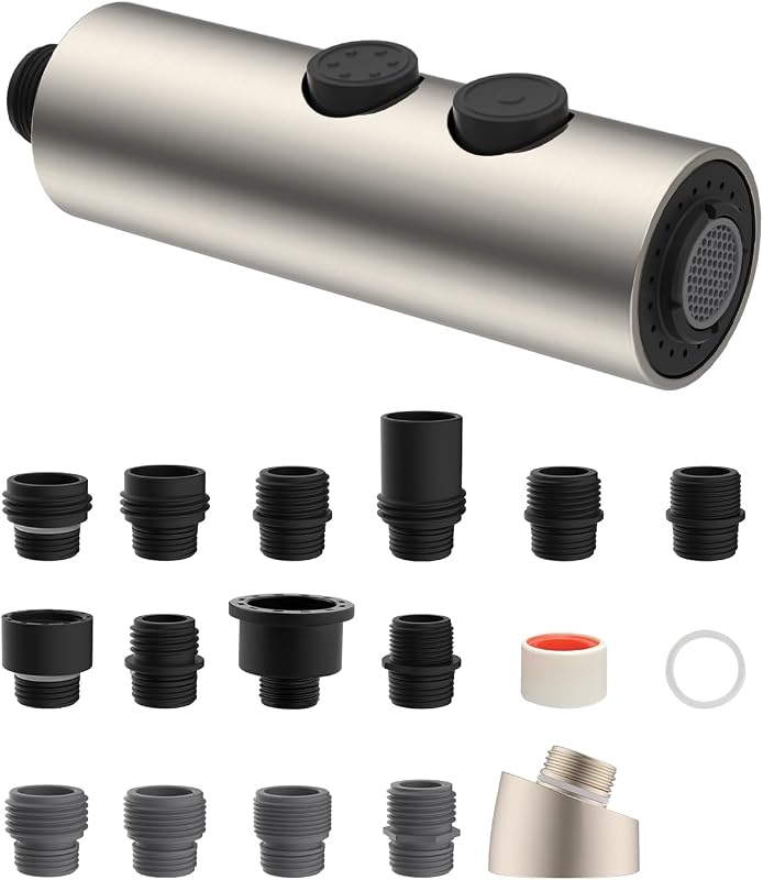 Hibbent Metal Pull Down Kitchen Faucet Head Replacement with 15 Adapters, Sink Spray Head, 2 Function Spray Nozzle Compatible with Moen, American Standard, Delta, Kohler Faucets, Brushed Nickel