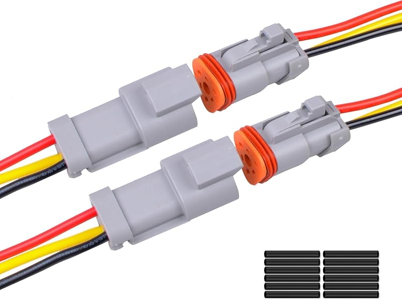Conector elétrico DT Exqutoo de 3 pinos com fios 16AWG e tubo termoencolhível – Pacote com 2