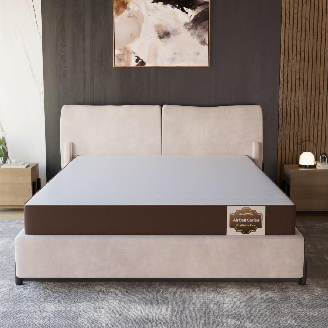 SleepyHug Aircell Ortho Dual Comfort Plus 8 Inch Mattress |Reversible Hard & Soft | 2 Side |7 Years Warranty | Back Pain Relief| Orthopedic | Queen Bed Size Brown (Lxwxh -78X60X8 Inch)