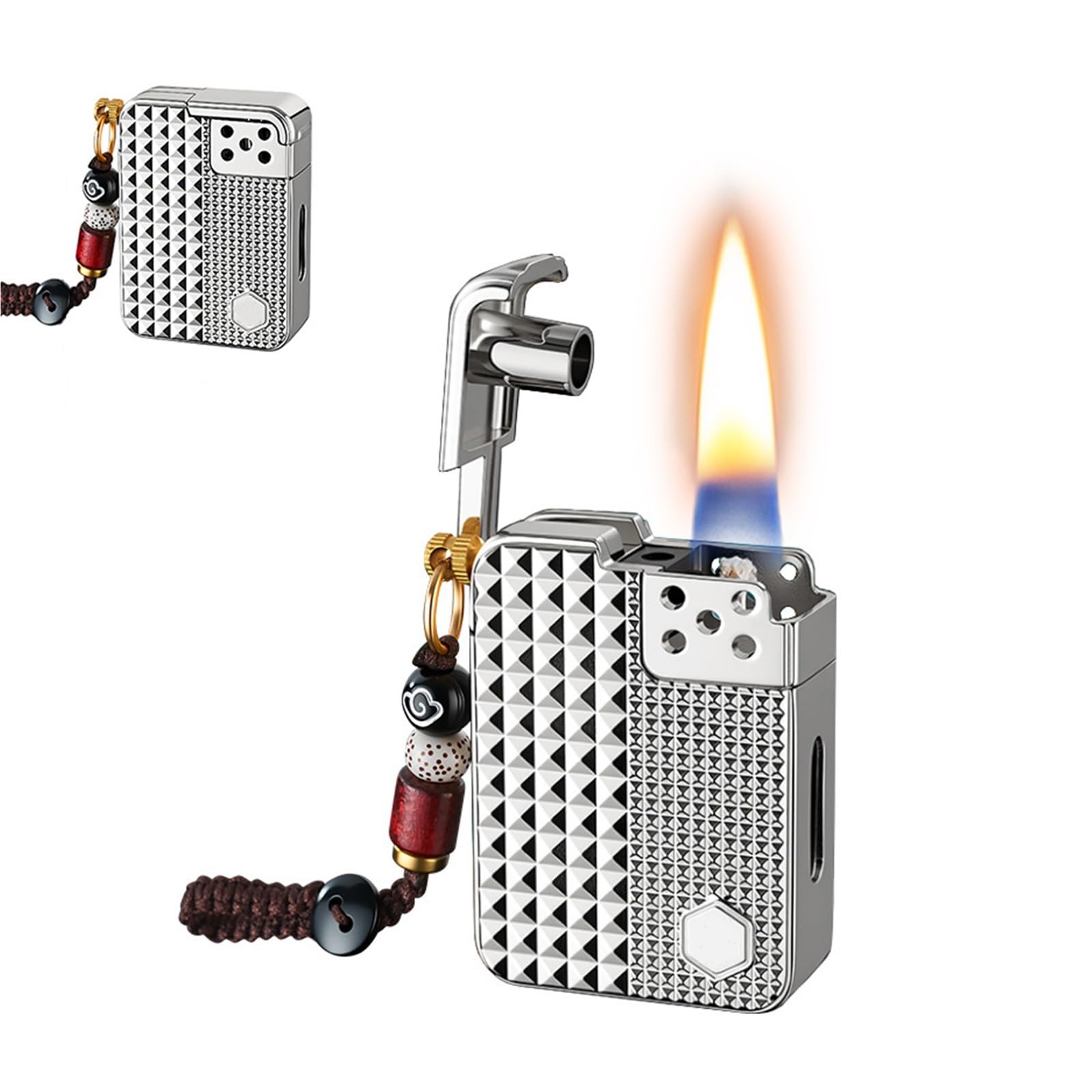 Briquet au kérosène avec quatre modes d'allumage (activation vocale, capteur de secousse, flux d'air, tactile), réservoir de carburant transparent, flamme douce, réutilisable et portable