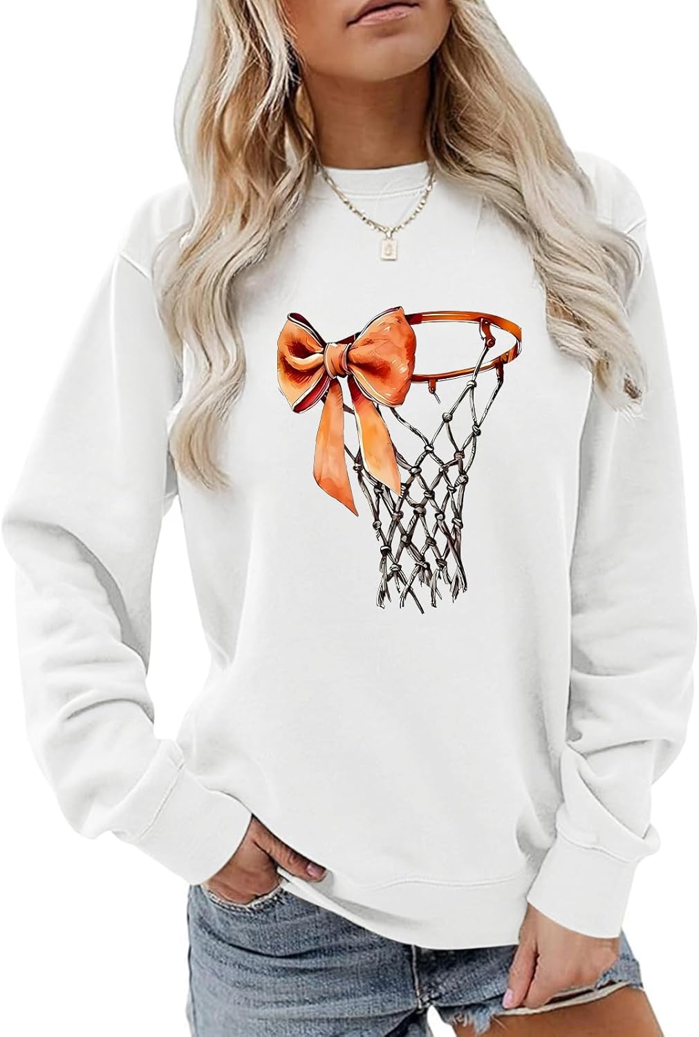 Basketball Crewneck Sweatshirt for Women Game Day Sweatshirts Bow Graphic Long Sleeve Pullover Gameday Themed Gifts