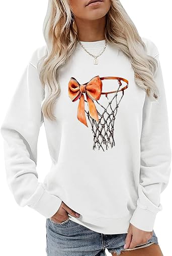 Basketball Crewneck Sweatshirt for Women Game Day Sweatshirts Bow Graphic Long Sleeve Pullover Gameday Themed Gifts