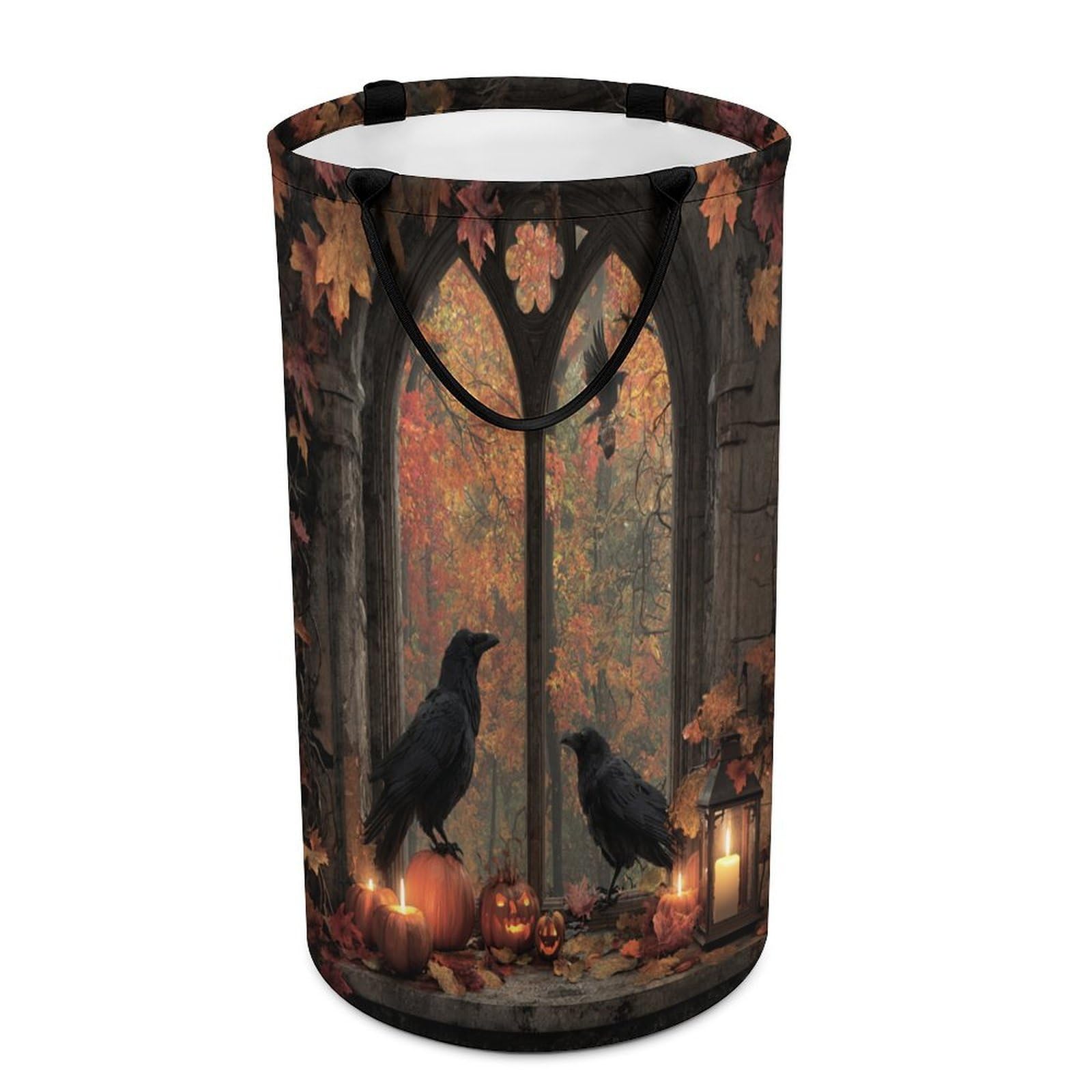 LUYYSKY Classic Vintage Gothic Crows Versatile Storage Laundry Basket, Beautiful Oil Painting Halloween Animals Raven Maple Leaves Pumpkins Large Capacity Bathroom Hamper With Handle