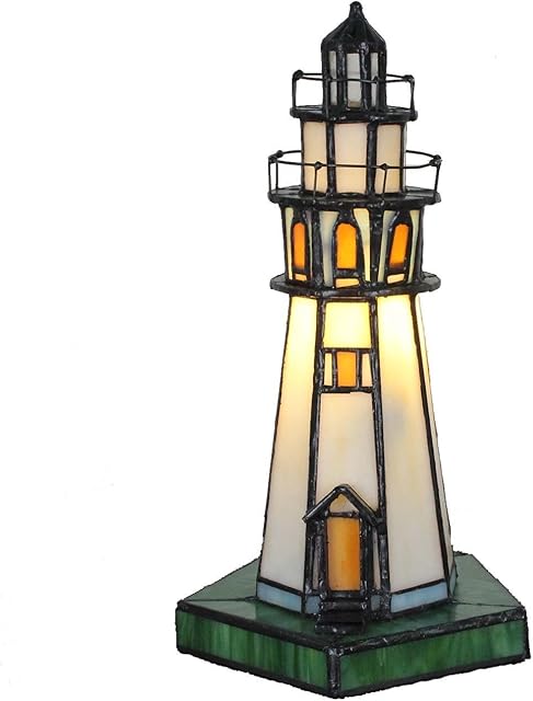 Bieye Lighthouse Table Lamp 6W11H Inch Tiffany Style Stained Glass Accent Night Light for Bedside Living Room L30221