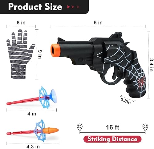 Miniatura 6 de Xohny Paquete de 2 guantes de tela de araña, pistola de juguete pequeña para regalo, revólveres, juego de disparos, juguetes para niños