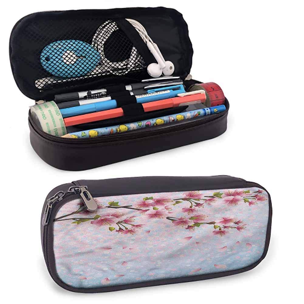 Nature Leather Pencil Pouch, Japanese Sakura Forest Motif for Pens, Pencil, Samsung Stylus, Tools, USB Cable and Other Accessories 8"x3.5'x1.5'