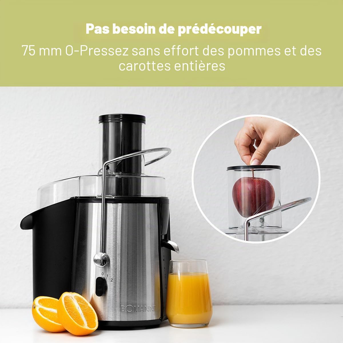 BOMANN, AE1917CB, Centrifugeuse professionnelle, 1000 W, 2 Litres, Cheminée de remplissage extra-large, Moteur à 2 vitesses réglables, Verrouillage avec bouton de sécurité, Noir/Argent