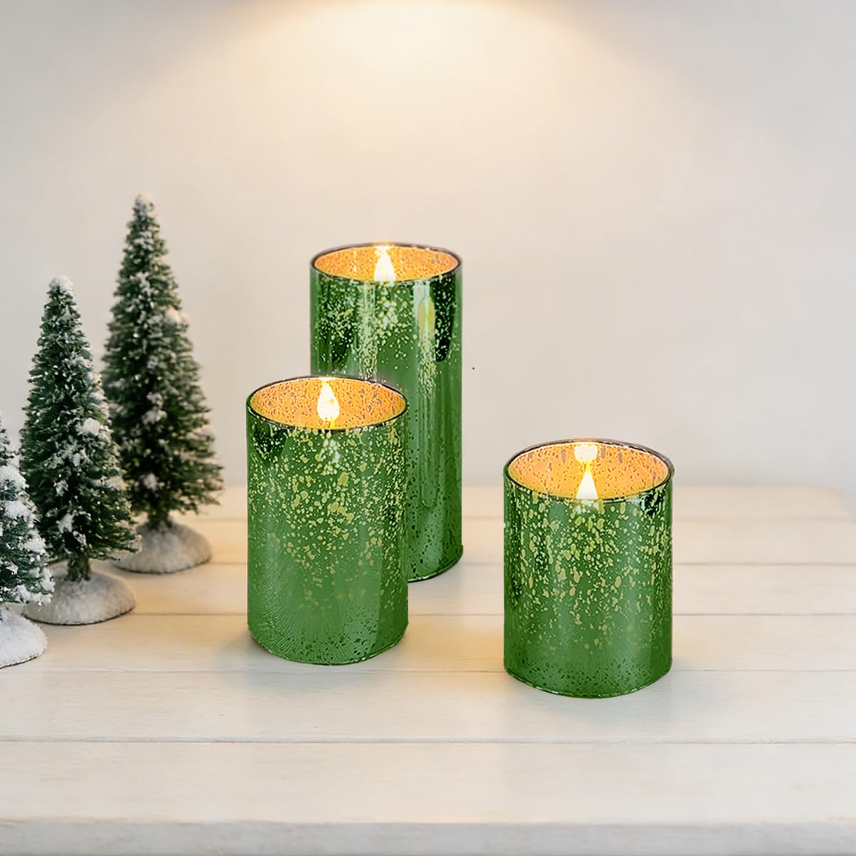 Candele a LED con funzione timer e telecomando, candele in vera cera ricaricabili USB, set da 3 pezzi, verde, fiamma tremolante, 55-100 ore, durata per Natale, camera da letto