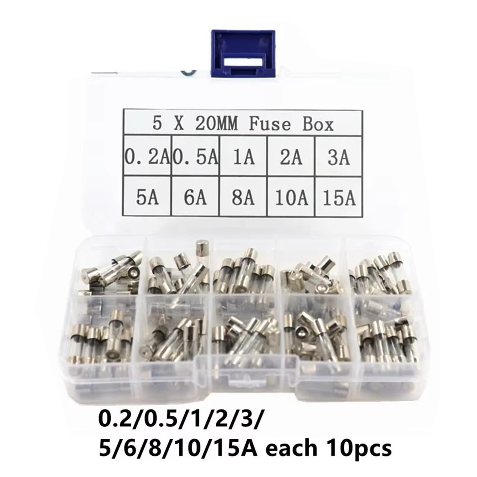 Set da 100 fusibili assortiti in vetro rapido da 5 x 20 mm, fusibili rapidi da 0,2 A, 0,5 A, 1 A, 3 A, 8 A, 10 A, 15 A, 20 A (10 tipi per ogni 10 pezzi)