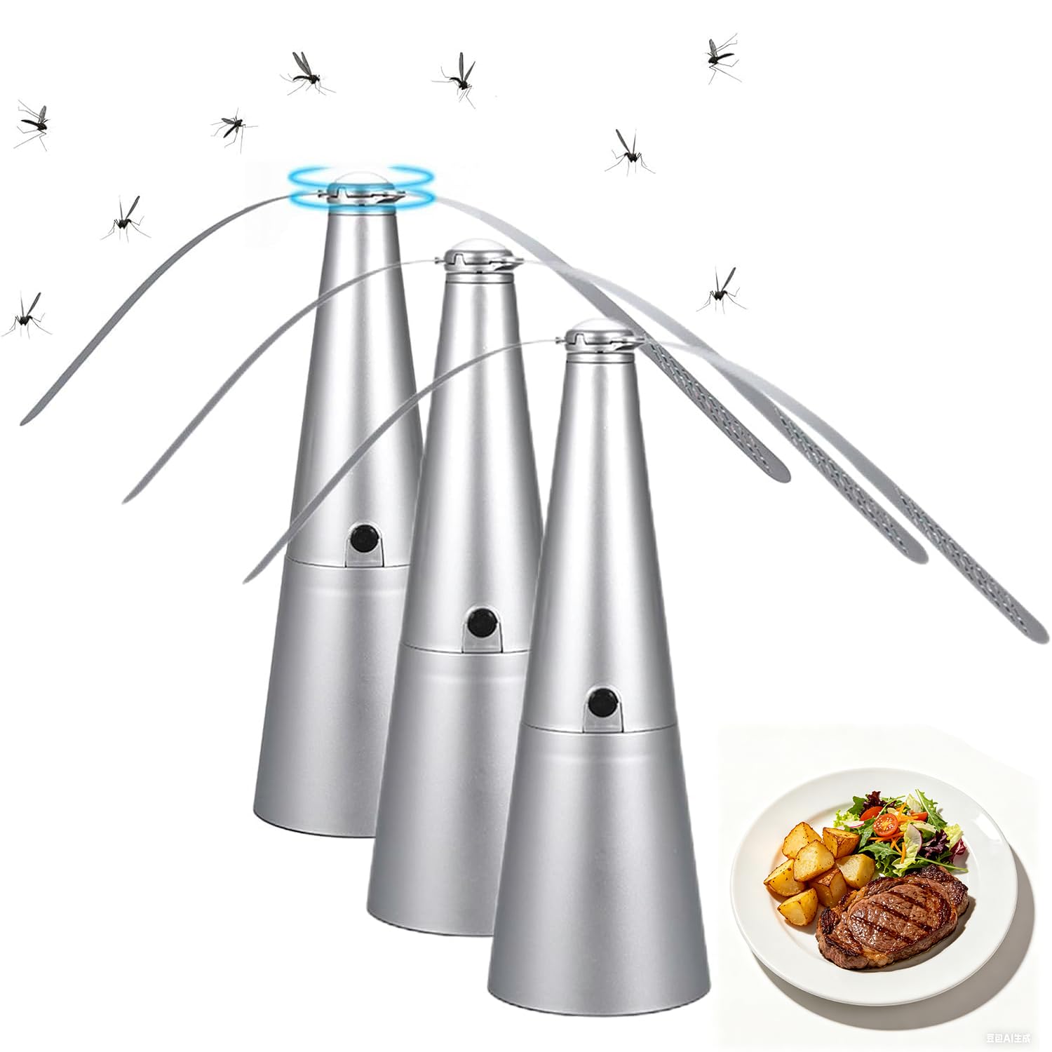 OEHUG Fly Fans for Tables 24.5x8.5CM, Batteries Powered, Portable Fly Repellent Fan with Soft Holographic Blades Bug Fan for Outdoor Tables for Outdoor Indoors, Party, Barbecues and Picnics (3 Pcs)