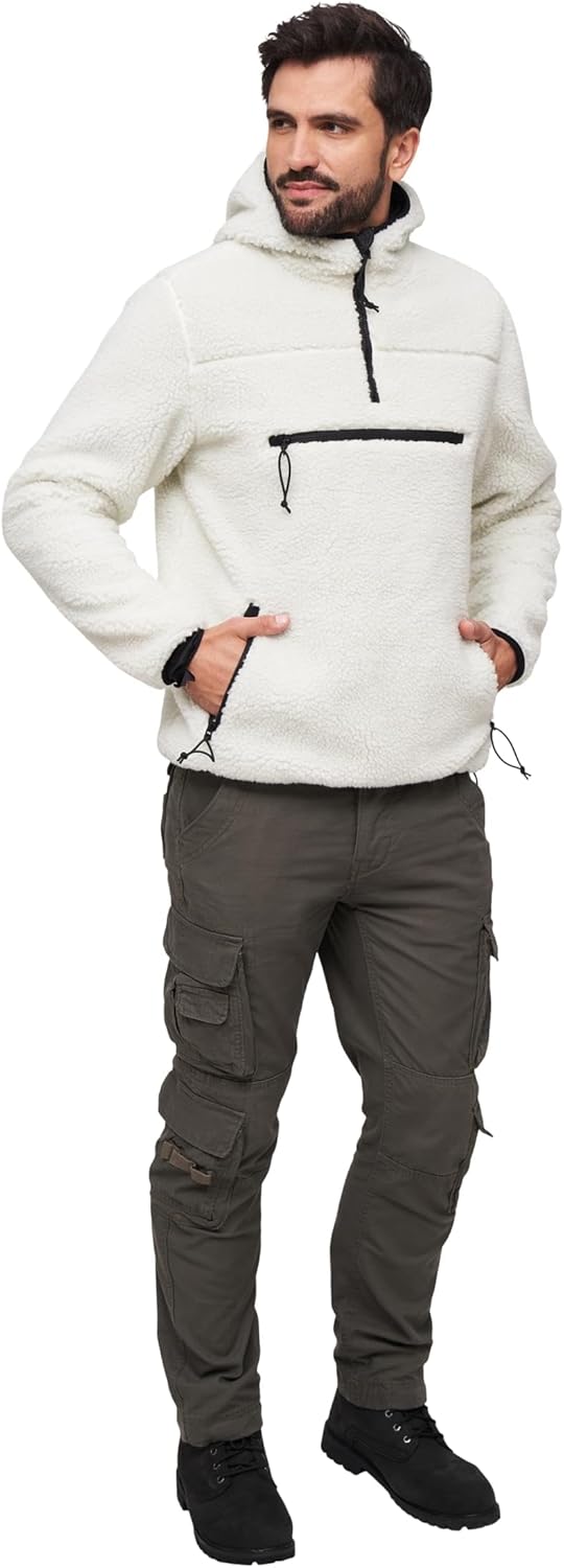 Brandit Men's Hooded Teddy Fleece Warm Outdoor Quarter Zip Jacket with Chin Guard & Wind Protection Strip