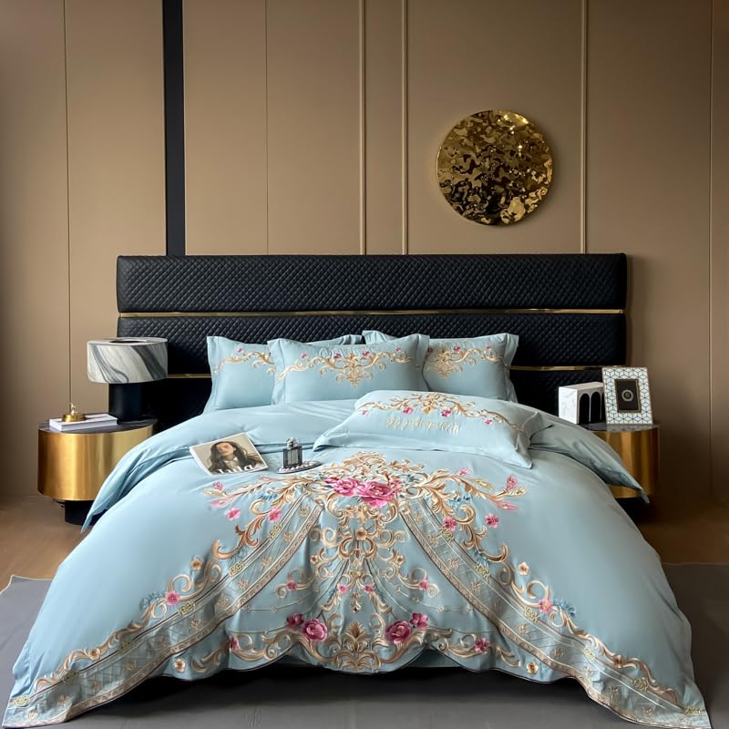 Image of JJ's Imported Skin Friendly Pure Washed Cotton Heavy & Beautifully Embroidered Wedding Style 5 Pcs King Size Double Bed Luxury Bridal Bedding Set with Heavy Comforter /Quilt (Sky Blue 22)