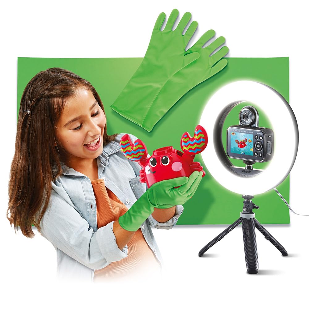 VTech - KidiZoom Vidéo Studio PRO, Appareil Photo Numérique Enfant, Selfie, Vidéo HD, Écran Couleur avec Ring Light, Trépied, Fond et Gants Verts, Cadeau de 7 Ans à 14 Ans - Contenu en Français