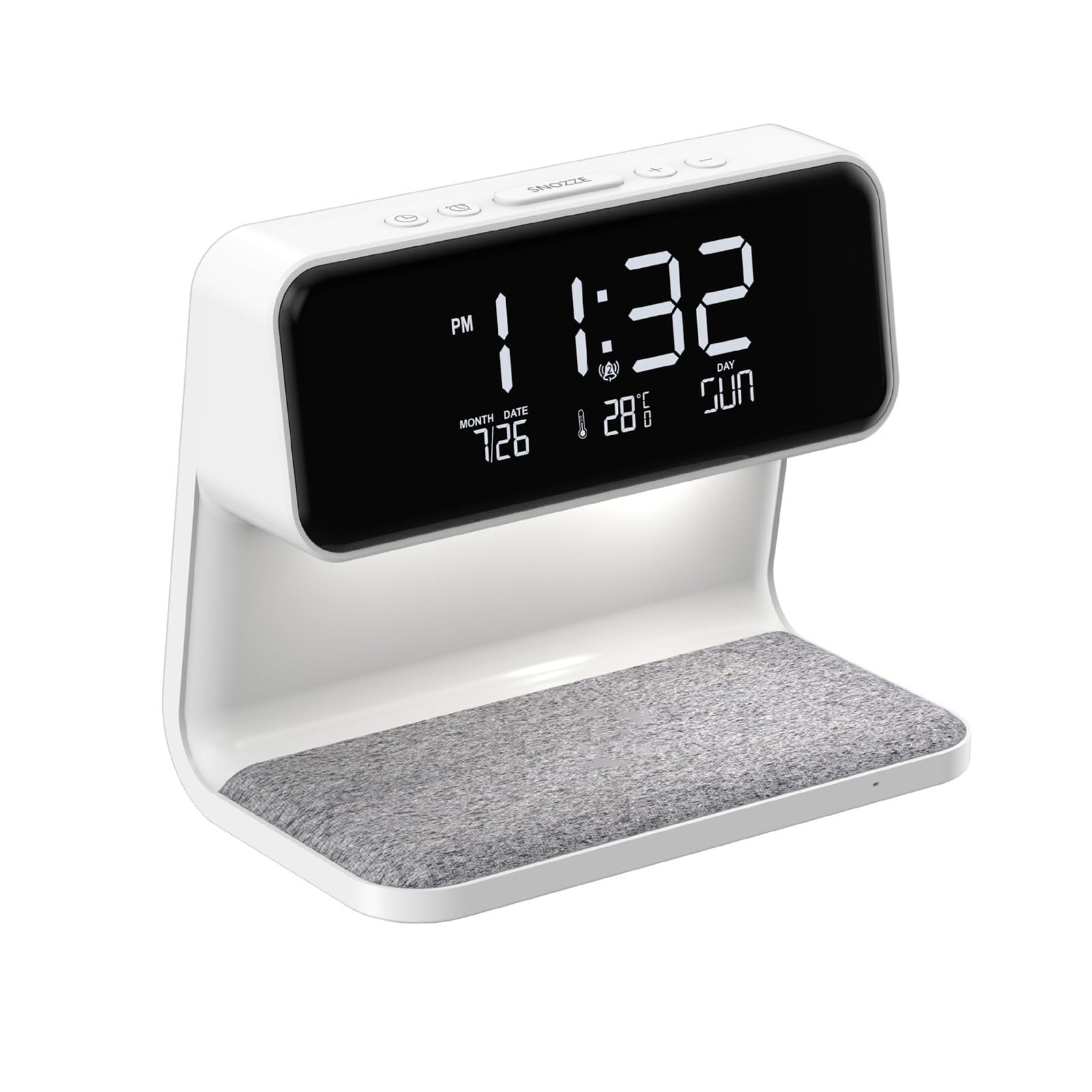Lampada sveglia intelligente bianca Caricatore wireless Orologio Comodino intelligente Allarme allegro Comodino digitale senza fili Nitido