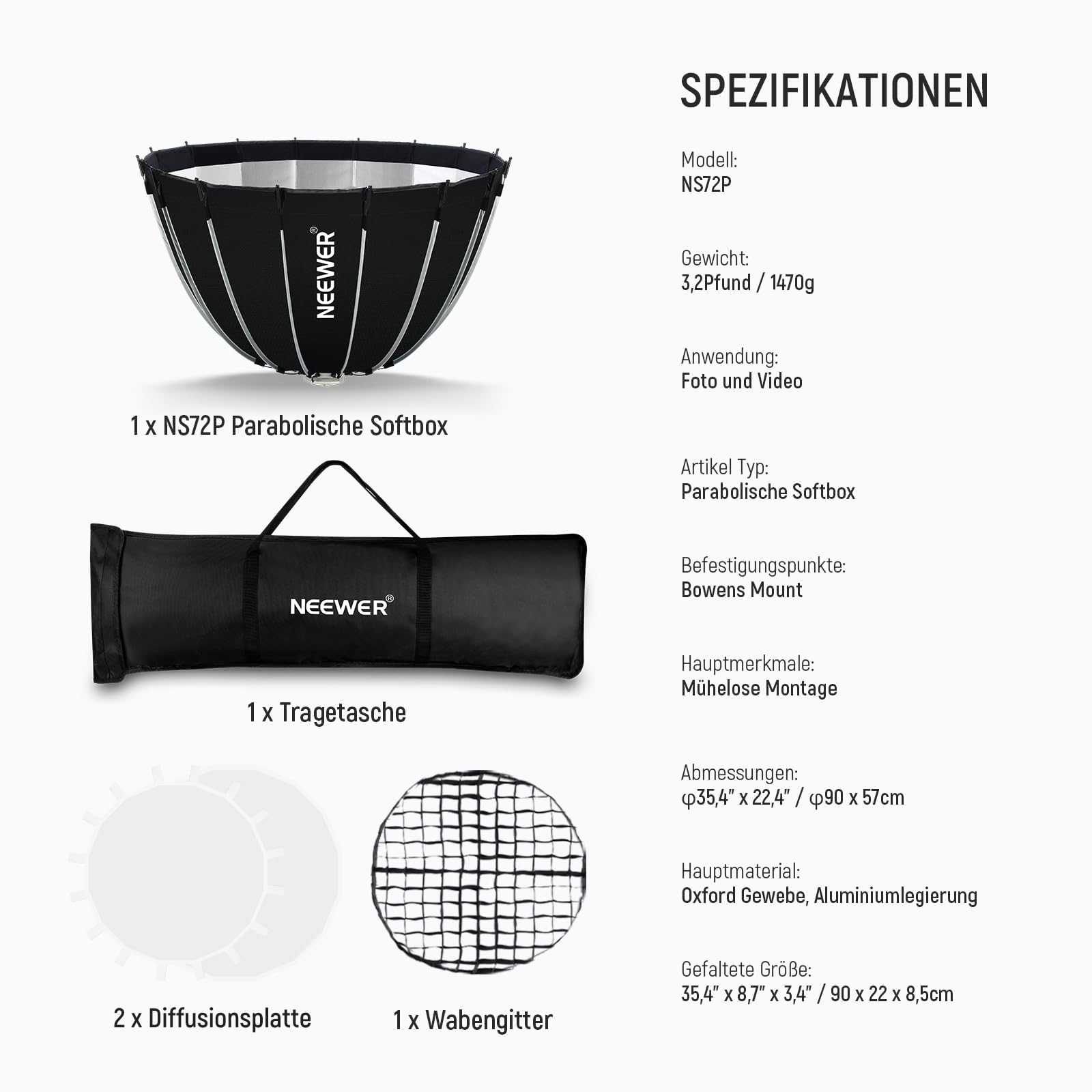 NEEWER Parabol Softbox Set, 35,4" Bowens Mount Softbox, NS72P