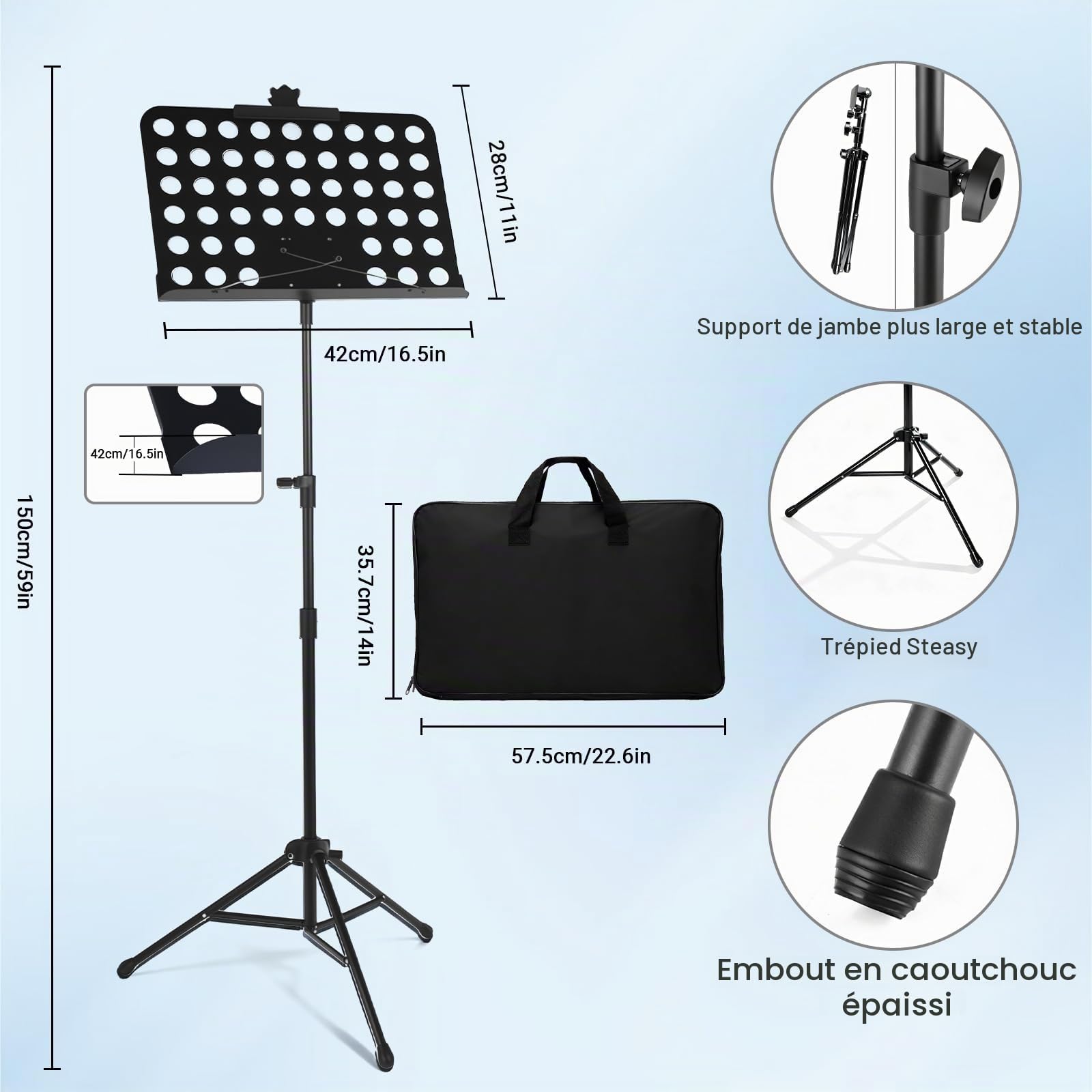Pupitre de Musique 2 en 1 - Support Partitions et Pupitre de Table, Pliable, Léger, Portable et Hauteur Réglable avec Sac de Transport Idéal pour la Batterie, l'orchestre et Autres Spectacles Musicaux