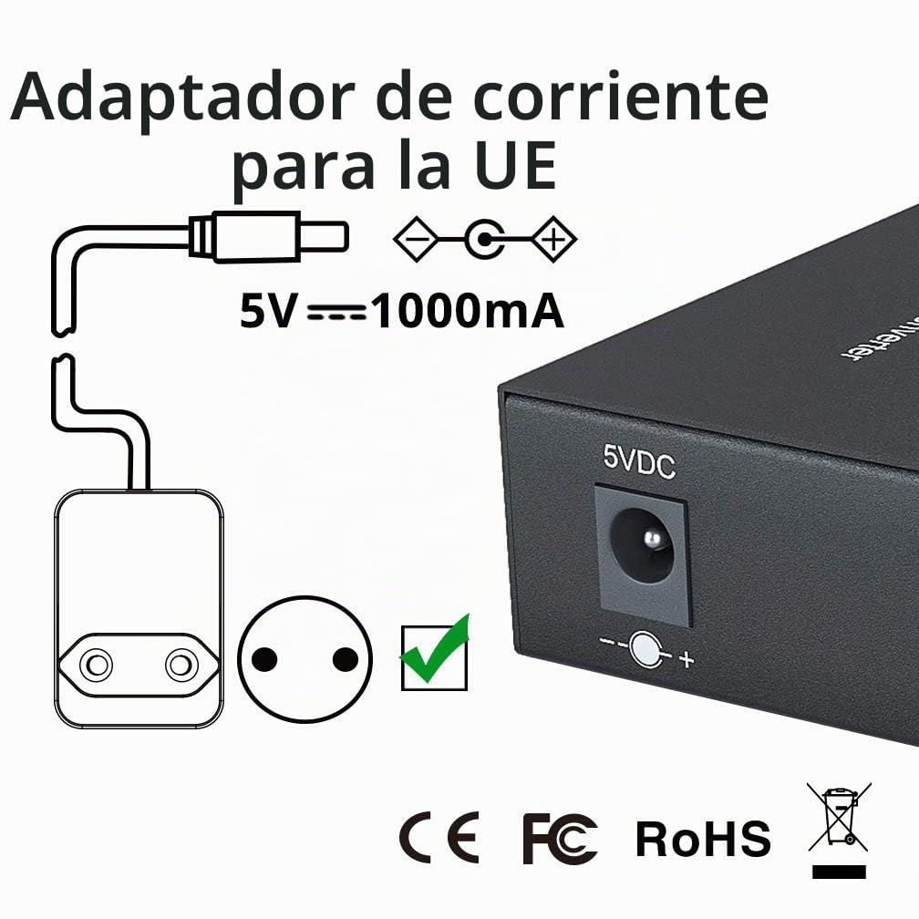 [2 Pack] Convertidor de medios Gigabit Ethernet, Built-in 1Gb Monomodo SC Transceiver, 10/100/1000M RJ45 a 1000Base-LX, European Power Adapter, 2pcs
