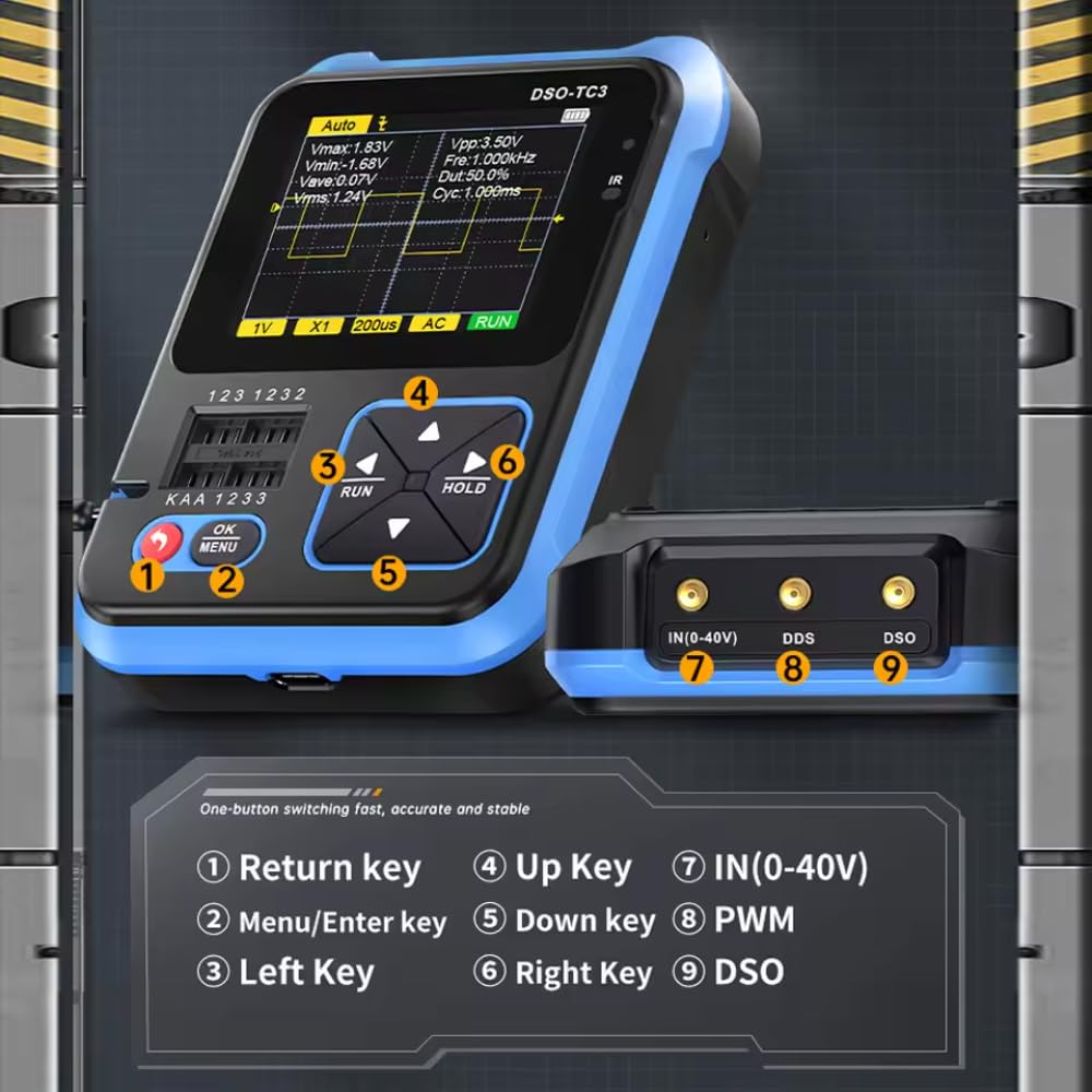 DollaTek DSO TC3 Osciloscopio digital 3 en 1 Osciloscopio de almacenamiento portátil Probador de transistores Mesa LCR para pruebas de capacitancia y resistencia