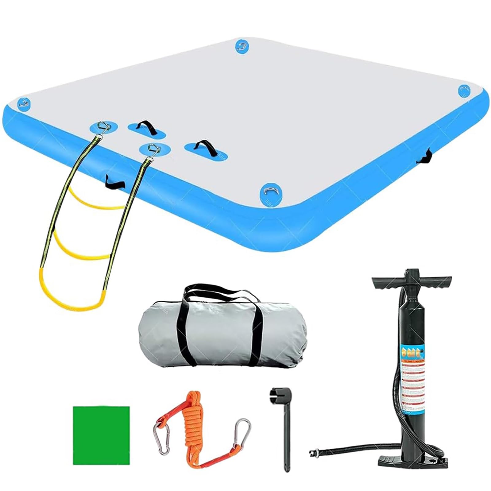 Piattaforma galleggiante gonfiabile, ampia base per acqua con superficie antiscivolo, scala rimovibile, pompa ad aria per piscina e spiaggia