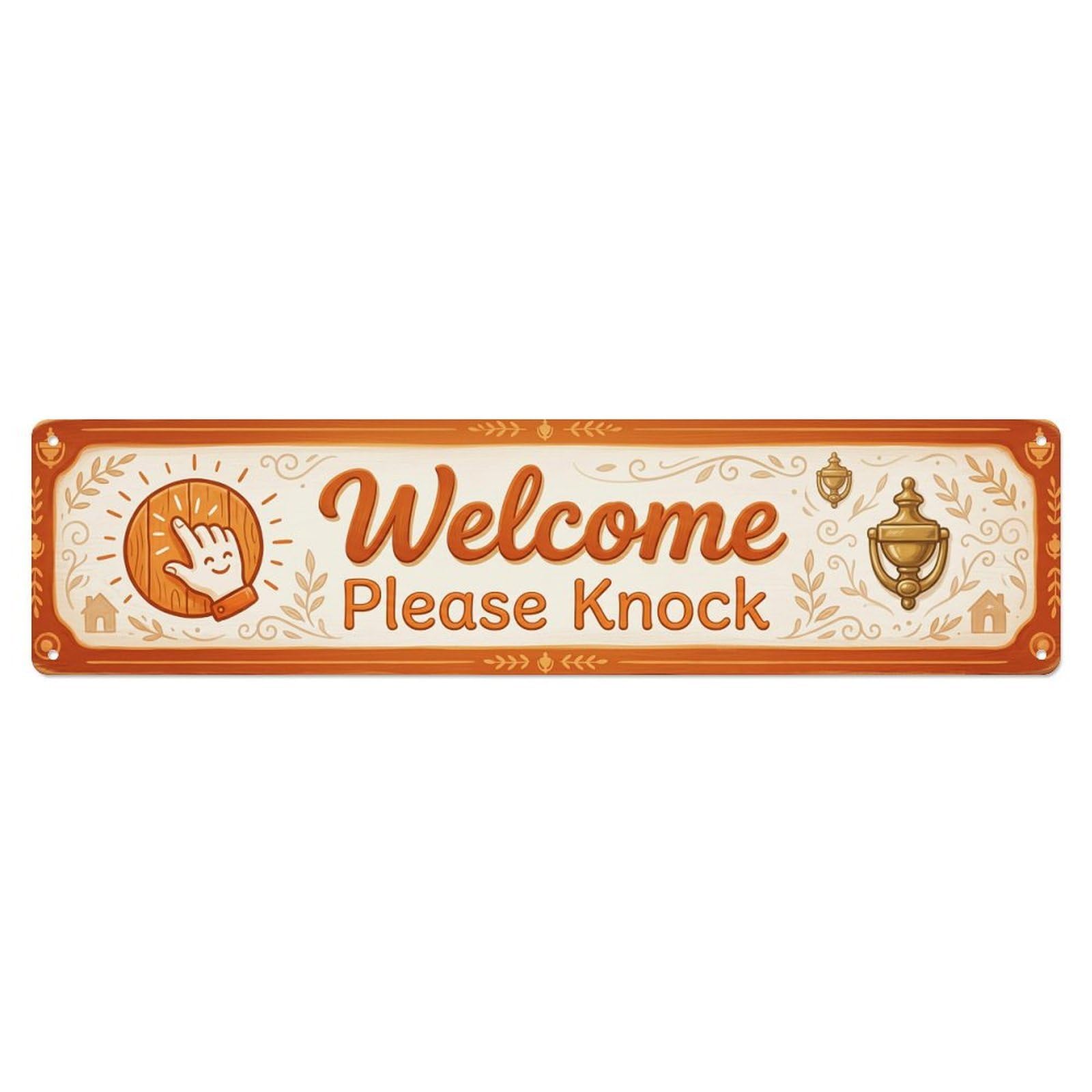 Door Knock Welcome Entrance Metal Tin Sign Plaque Wall Decor for Cafe, Club Bar, Office, Home Garden Metal Poster 4x16Inch