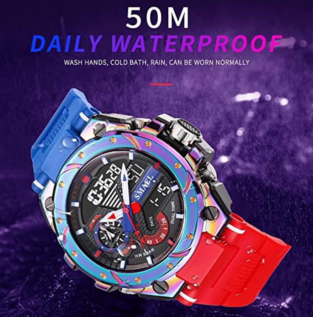 FANMIS Mens Analog Digital Sports Watch Large Face Outdoor Sports Waterproof Military Wrist Watches with Date Multifunction Tactics LED Army Stopwatch (X-Red) - Image 3