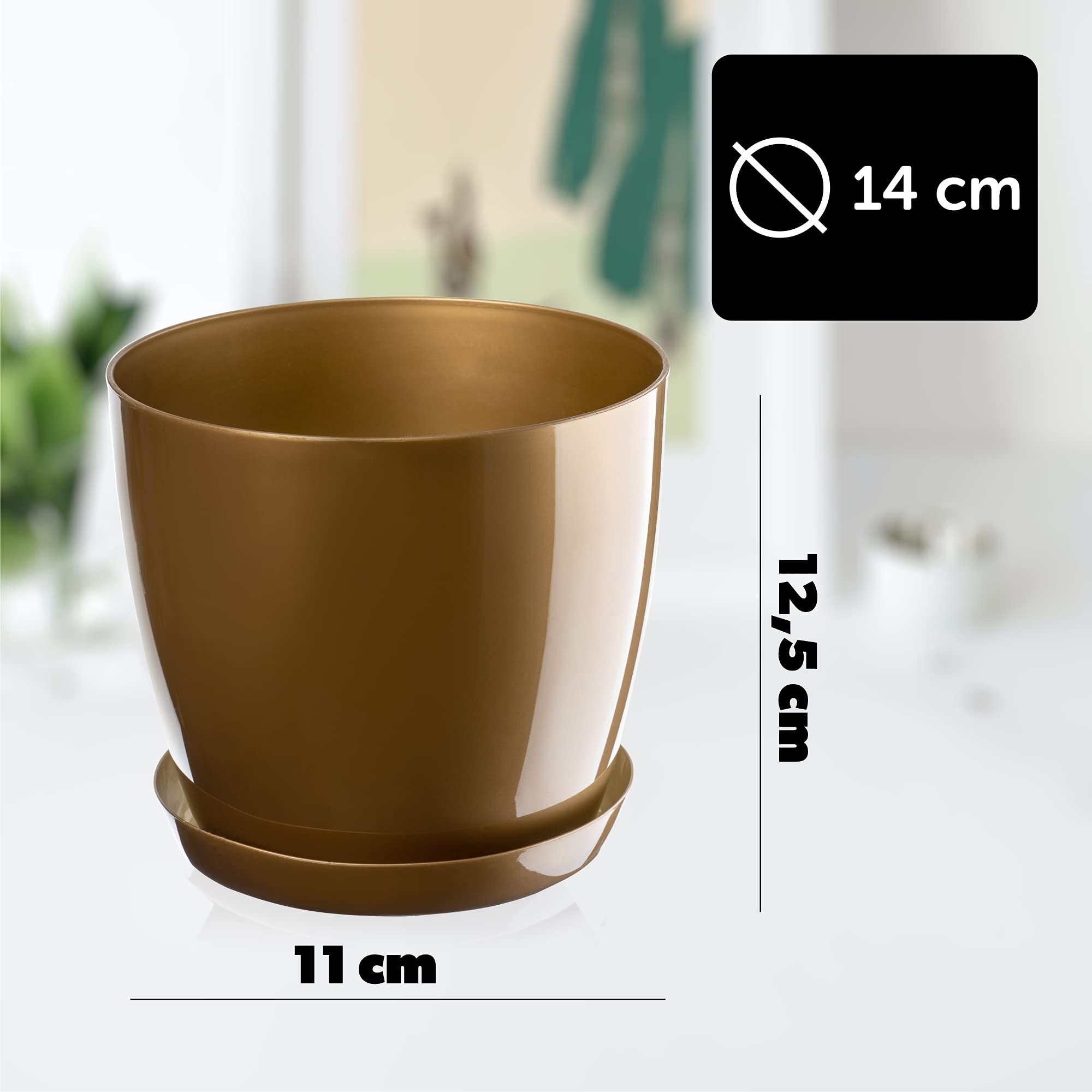 Kadax Bloempot Met Onderschotel – Rond, 14 Cm, Oranje, Kunststof, Glanzend, Voor Binnen, Met Afvoerbak