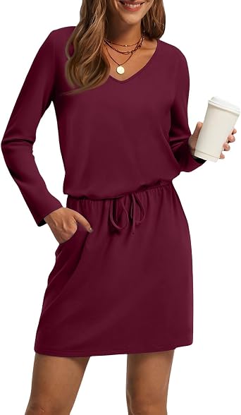 HXHYQKP Womens Long Sleeve Casual Dress with Pockets Hide Belly Knee Length Travel Drawstring Midi Dresses