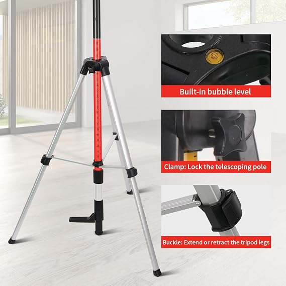 12 Ft+1.7Ft/3.6M+0.6M Professional Laser Level Pole with Tripod, Adjustable Telescoping Pole for Leveling Tools, Multi-functional Fine-tuning Bracket with 1/4 and 5/8 Thread Adapters, Includes Bag