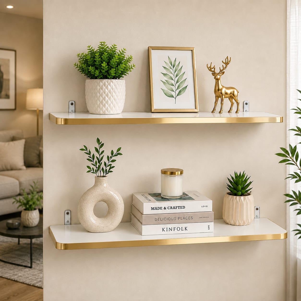 Engineered Wood Floating Wall Shelves, White 24x6 Inch Wooden Display Rack for Living Room, Bedroom, Kitchen, Office, Wall Mounted Bookshelf & Decorative Shelf (24x6 White Gold PO2)-image-32