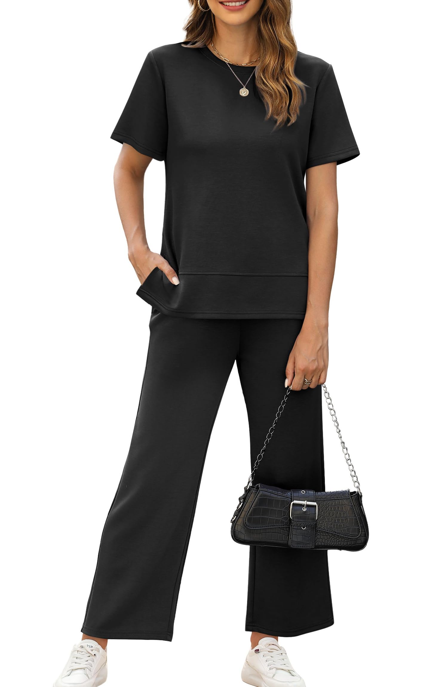 XIEERDUO Women's Side Slit Lounge Sets 2026 Fashion 2 Piece Travel Outfits Cozy Loungewear Wide Leg Tracksuits S-3XL