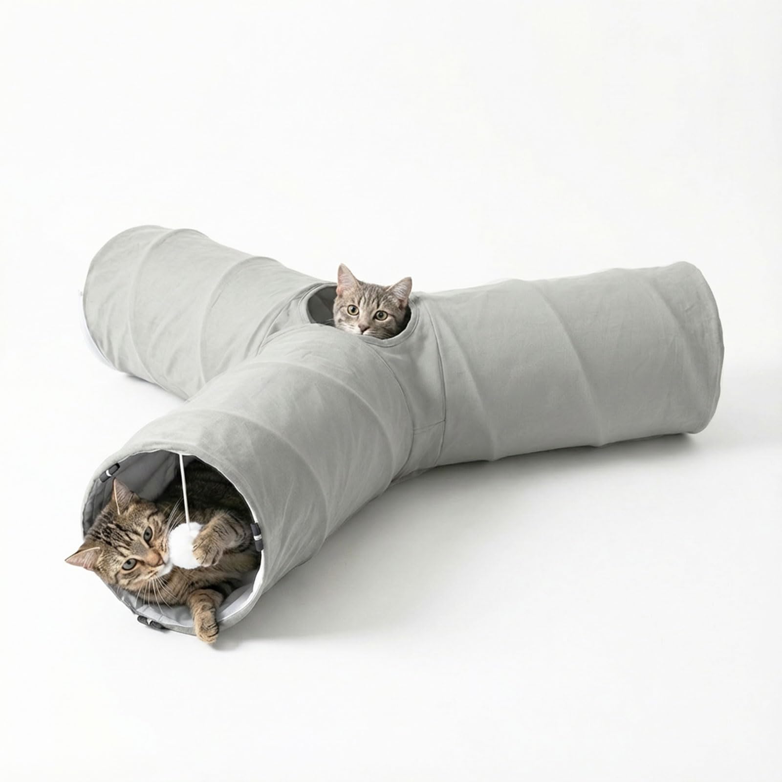 Skylos Y-Shape Cat Tunnel with 2 Hanging Balls, Large 85x80cm Collapsible Cat Tunnels for Indoor Cats, Expandable Pet Play Tube with Peek Hole for Kittens, Grey